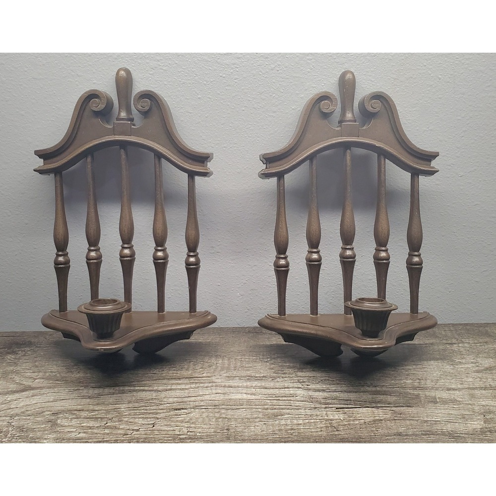 Vtg 1984 Homco Plastic Faux Wood Wall Candle Sconces Candleholders Set 2 #4155